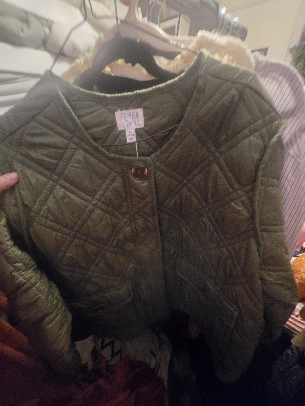 Time and Tru Olive Quilted Button-Front Jacket